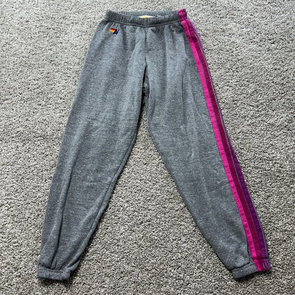 Aviator Nation Women's Small 5 Stripe Sweatpants in Heather Grey & Pink - Picture 2 of 9